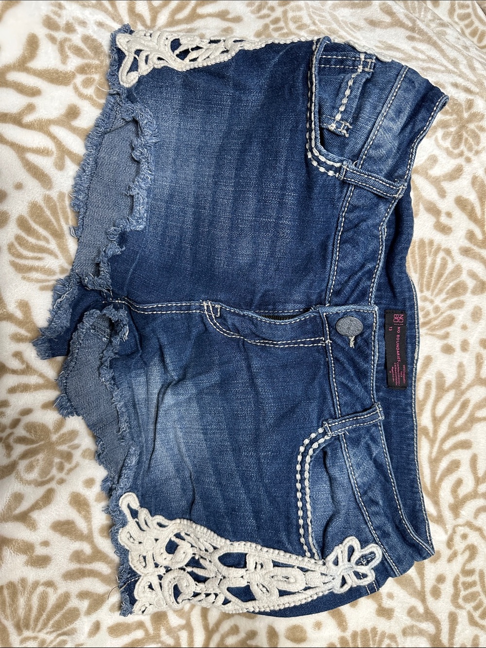 No Boundaries Dark Blue Denim Shorts with White Crochet Trim